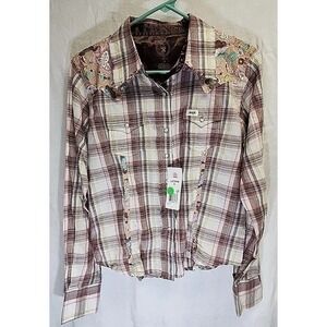 20X Western Pearl‎ Snap Shirt Women's Size Small Beige Embroidered Tailored Fit